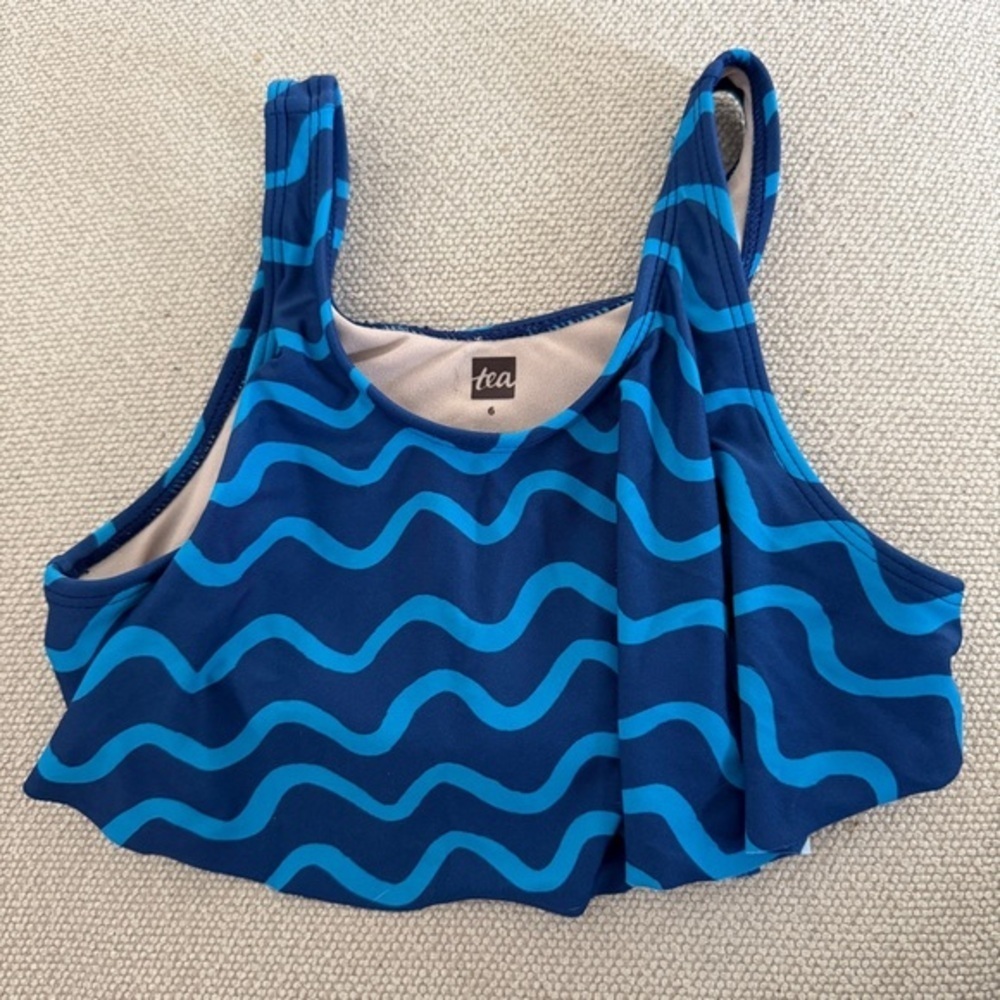 Tea Girls Swim Suit Top Rashguard - Blue with waves-Size 6